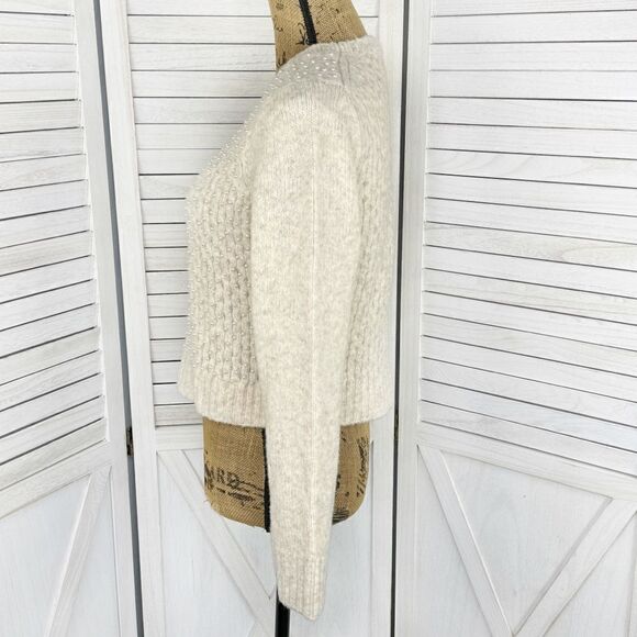 Zara Pearl Embellished Wool Blend Pullover Crop Sweater Beige Large - Picture 3 of 14